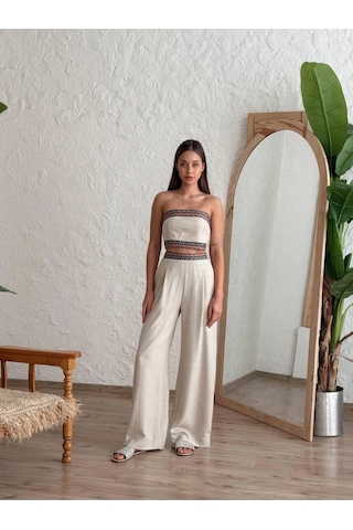Aztek Motifli Şerit Korse Crop Cepli Lastikli Palazzo Pantolon Modern Etnik Yazlık Boho Keten Takım Bej