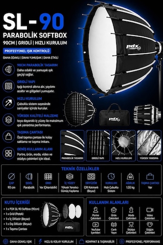 Pdx Sl-90 Softbox 90cm Parabolik Gridli Kolay Kurulum