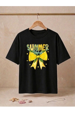 Sarı Limon Ve Fiyonk Baskılı Oversize Kompak T-shirt Siyah