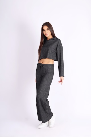 Soft&Basic Kadın Eşofman Takımı Kapüşonlu Sweatshirt Ve Geniş Paça Antrasit Pantolon Eşofman Gri