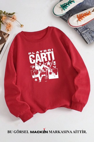 Macklin Unisex Kadın Erkek Playboi Carti Özel Tasarım Baskılı Bisiklet Yaka Sweatshirt Kırmızı Mck1297 Kırmızı