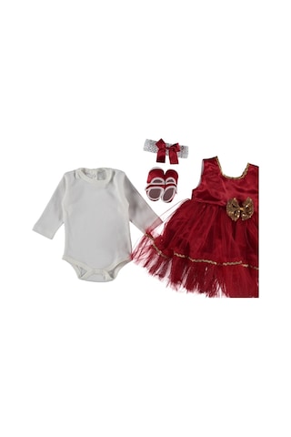 6 Ay Kız Bebek Mevlüt Takımı - Pul, Fiyonk Ve Tül Detaylı, Pamukl Kırmızı