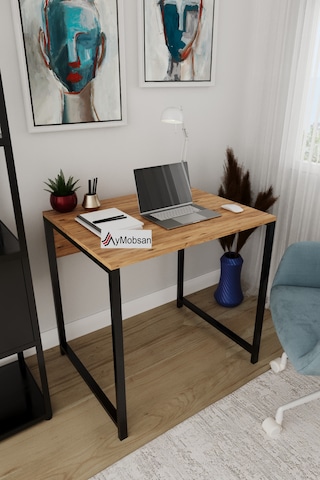 Selin Metal Ayaklı Çalışma Masası Atlantik Çam Suntalam, Siyah Metal Ayak, Modern Ofis & Ev Masası Atlantik Çam