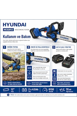 Hyundai Hcs2012 21v Akülü Zincirli Testere 2x4.0ah Bataryalı 12 İnç 700w