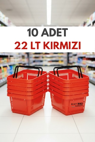 10 Adet / 22 Litre Plastik Market Alışveriş Sepeti Profesyonel Market Mağaza El Sepeti Kırmızı