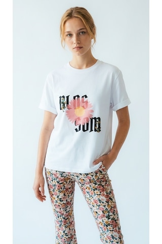 Hoxie Kadın Beyaz Blossom Baskılı Kısa Kollu Oversize Tişört
