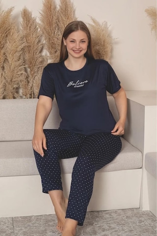 Charme Kadın Büyük Beden Bisiklet Yaka Milan Likralı Kısa Kol Pijama Takımı K601/254 - 1 Adet Lacivert