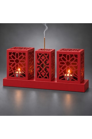 Lazer Kesim Metal Tealight Mumluk Ve Tütsülük Seti Geometrik Selçuklu Yıldızı Motifli Modern Ev Dekoru Benzersiz Masa Süsü Ve Hediye Kırmızı