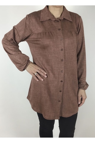 Mevsimlik Kolları Lastikli Boydan Düğmeli Gömlek Kiremit