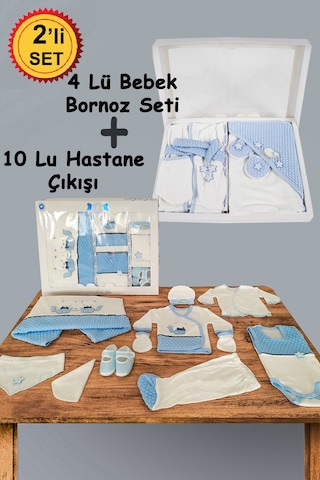 10 Parça Mavi Kedi Hastane Çıkışı Ve 4 Parça Bebek Bornoz Seti Mavi
