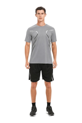 Genius Store Erkek Spor Tişört Antreman Gym Polyester Erkek Sporcu T-shirt Şeritli-tişört Gri
