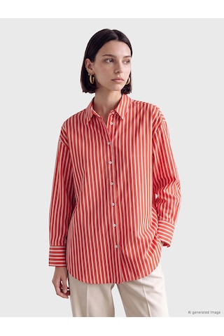 Lcw Modest Kırmızı Çizgili Oversize Kadın Gömlek Tunik