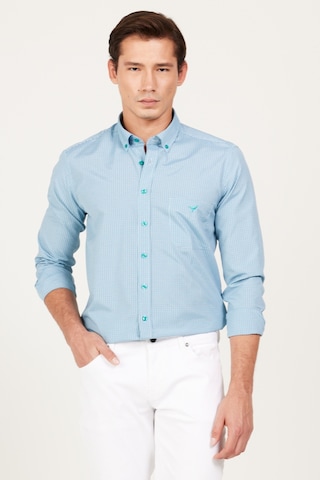 AC&Co / Altınyıldız Classics Erkek Lacı-yesıl Slim Fit Dar Kesim Düğmeli Yaka Logolu Cepli Pamuklu Çizgili Gömlek Lacivert - Yeşil