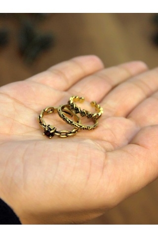 Doğal Taşlı 3'lü Garnet Lal Doğal Taşlı Zincir Modelli Kadın Ayarlanabilir Yüzük Seti Euy83 Kırmızı