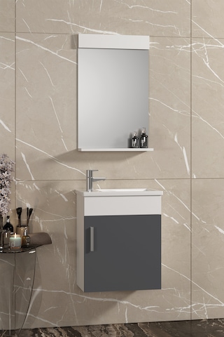 Lale 42x24 Cm Beyaz-antrasit Gri Mat Mdf Seramik Lavabolu Asma Banyo Dolabı Takımı Beyaz- Antrasit Gri