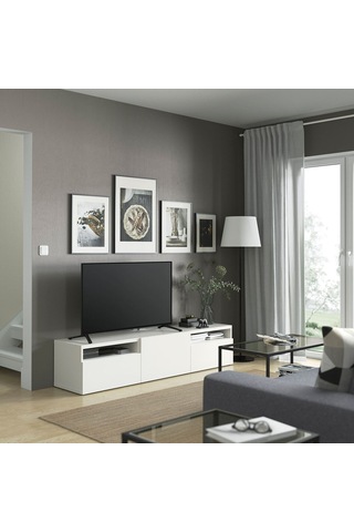 Tv Sehpası, Beyaz, 180x42x39 Cm, Lappvıken, Çıt Çıt Raylı Beyaz