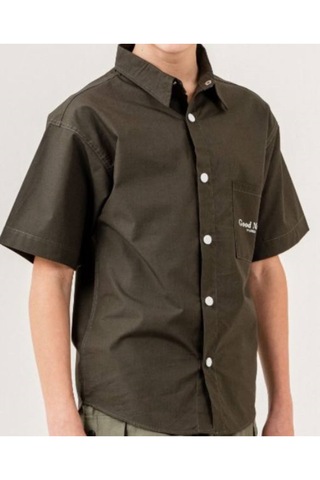 Erkek Çocuk Paraşüt Kumaş Çıtçıt Kapamalı Tişörtlü Haki Renk Gömlek Tişört Takımı Haki