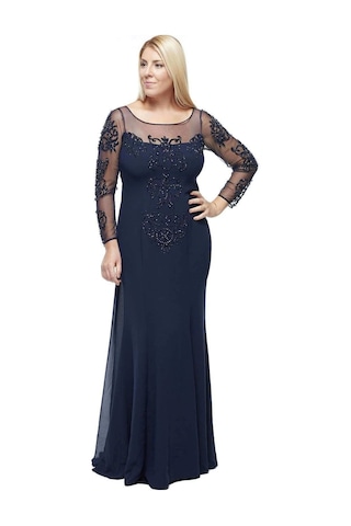 Moda Berray 8028 Uzun Kollu Arkası Şifon Kuyruklu Abiye Elbise Lacivert Lacivert