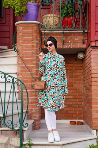 Polologin Butik Renkli Leopar Desenli Uzun Tunik Turkuaz
