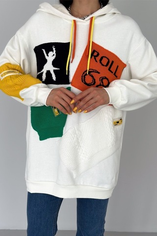 Femelle Kadın Beyaz Yeni Sezon Tasarım Oversize Kapüşonlu Sweatshirt