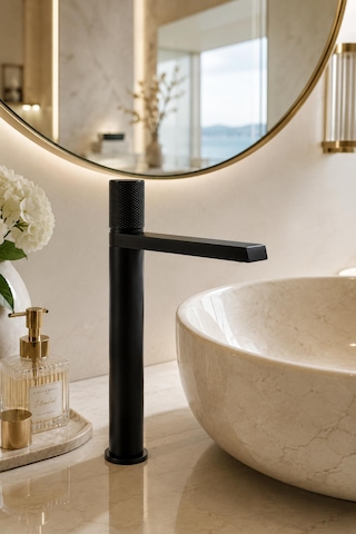 Fontana Fk-9125 Mat Siyah Yüksek Lavabo Bataryası Şık Tasarımlı Siyah Lavabo Bataryası