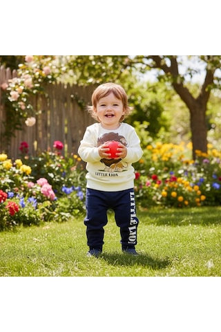 Erkek Bebek Aslan Baskılı Alt Üst İkili Gündelik Takım Lacivert
