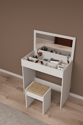 Df02113 Kapaklı Aynalı Bölmeli Puflu Makyaj Masası Beyaz