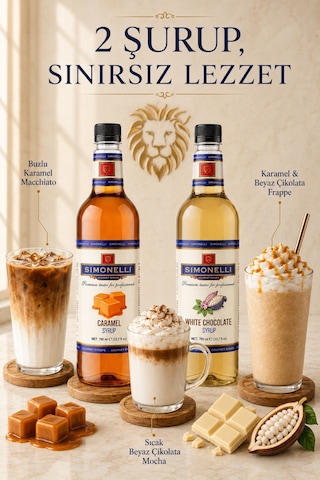 Simonelli Karamel + Beyaz Çikolata Aromalı Kahve ve Kokteyl Şurubu Seti 2 x 700 ML