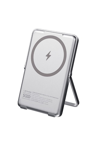 Lenyes PW038D 20W 5000 mAh 15 W Ultra İnce Standlı Wireless Powerbank Gümüş