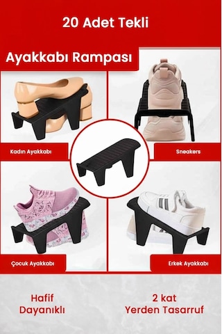 20 Adet Tekli Ayakkabı Rampası, Dolap İçi Düzenleyici, 2 Kat Yer Açan Ayakkabılık Organizer Siyah