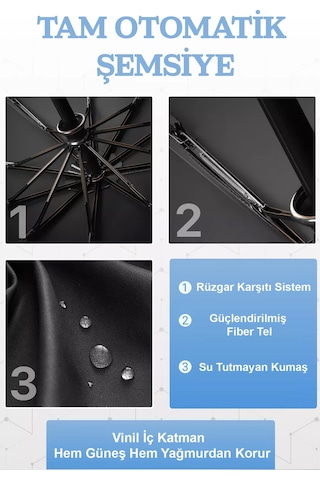 Fitfiyat Tam Otomatik Ahşap Sap 10 Telli Düğmeden Aç Kapa Rüzgarda Kırılmayan Şemsiye Ahşap Sap