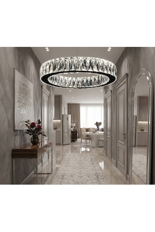 Ala Lighting Plaket Kristal Taş İşlemeli Krom Paslanmaz Tekli Led Avize - Kumandalı 3 Renk Krom Ayna