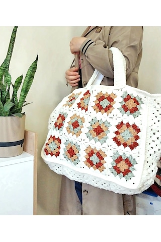 Motifli Büyük Boy Kadife Omuz Çantası , Xxl Kışlık Çantalar Ekru