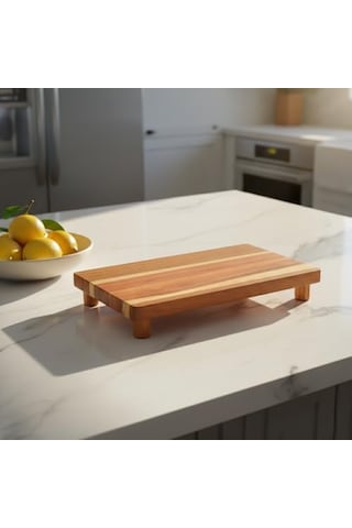 Doğal Akasya Ahşap Ayaklı Sunum Standı Ve Servis Tepsisi 25x18 Cm Dikdörtgen Yükseltici, Banyo Tezgahı, Mutfak Ve Kahve Köşesi Düzenleyici 15cm