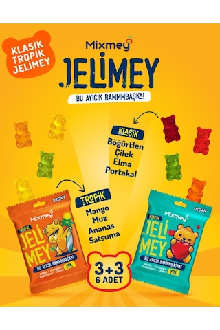 Jelimey Karma 6 Adet X 35 Gr 3 Klasik + 3 Tropik Jelatinsiz Doğal Gummy Bear