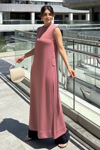 WeShaya Kadın Pembe Kolsuz, Yuvarlak Yaka, Derin Yırtmaçlı, A Kesim Likralı Tunik Elbise Pembe