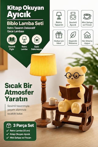 Kitap Okuyan Ayıcık Biblo Lamba Seti - Retro Tasarım Dekoratif Gece Lambası + Mum Hediye 11,5cmx4,2cmx12cm