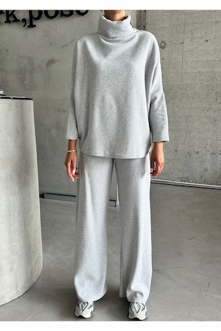 Modagen Kadın Selanik Kumaş Balıkçı Yaka Alt Üst Takım Gri