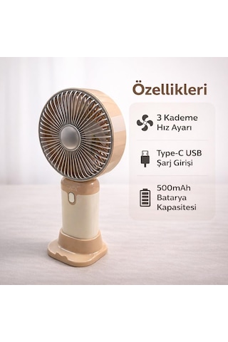 Şarjlı El Vantilatörü 3 Kademeli Hız Ayarlı Mini Fan Taşınabilir Cep Fanı, Type-c Usb Şarjlı 500mah 2w Se
