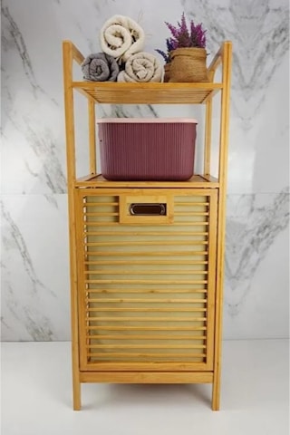 2 Organizer Raflı Ahşap Bambu Çek-aç Kirli Sepeti Sarı