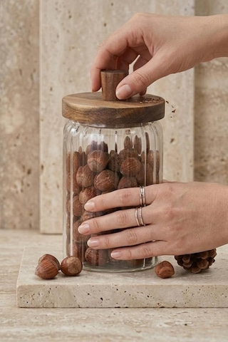 Atbyhome Ahşap Kapaklı Borosilikat Cam Saklama Kabı 700 Ml - Oluklu Cam Kavanoz