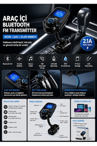 T10 Fm Transmitter Kablosuz Araç İçi Bluetooth Fm Verici Radyo Adaptörü Bluetooth Araç Kiti Usb Girişli