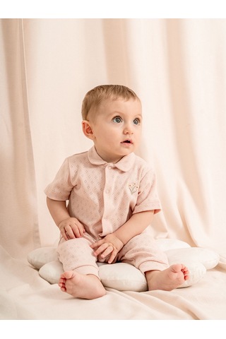 Jakarlı Bebe Yakalı 2li Bebe Takımı Pudra