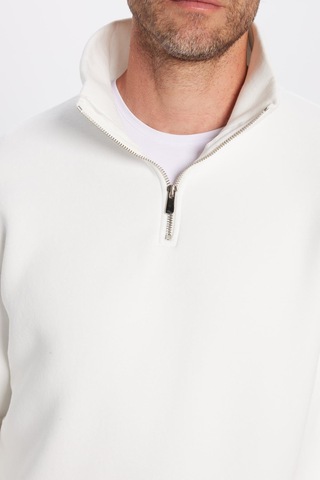 Tudors Unisex Relax Fit Rahat Kesim Pamuklu İçi Polarlı Yarım Fermuarlı Beyaz Dik Yaka Sweatshirt-31443 Beyaz