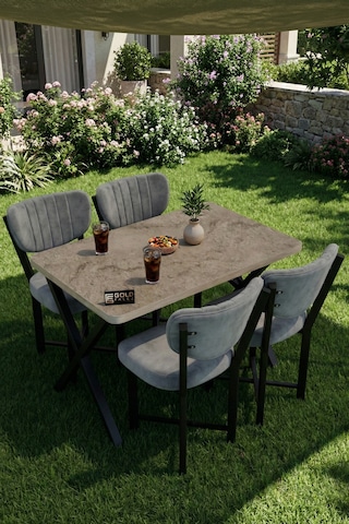 Mutfak Masası 4 Sandalyeli Set 110x70 Cm Modern Masa Takımı Cafe Balkon Ofis Masa Elma 9887 Anstrast Gri