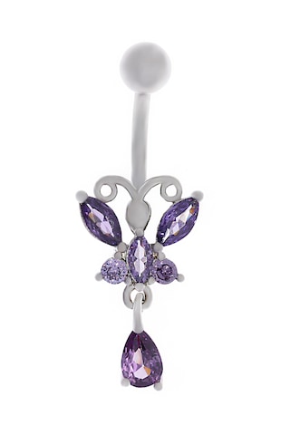 Kadın Mor Kelebek Model Sallantılı Çelik Piercing Gümüş