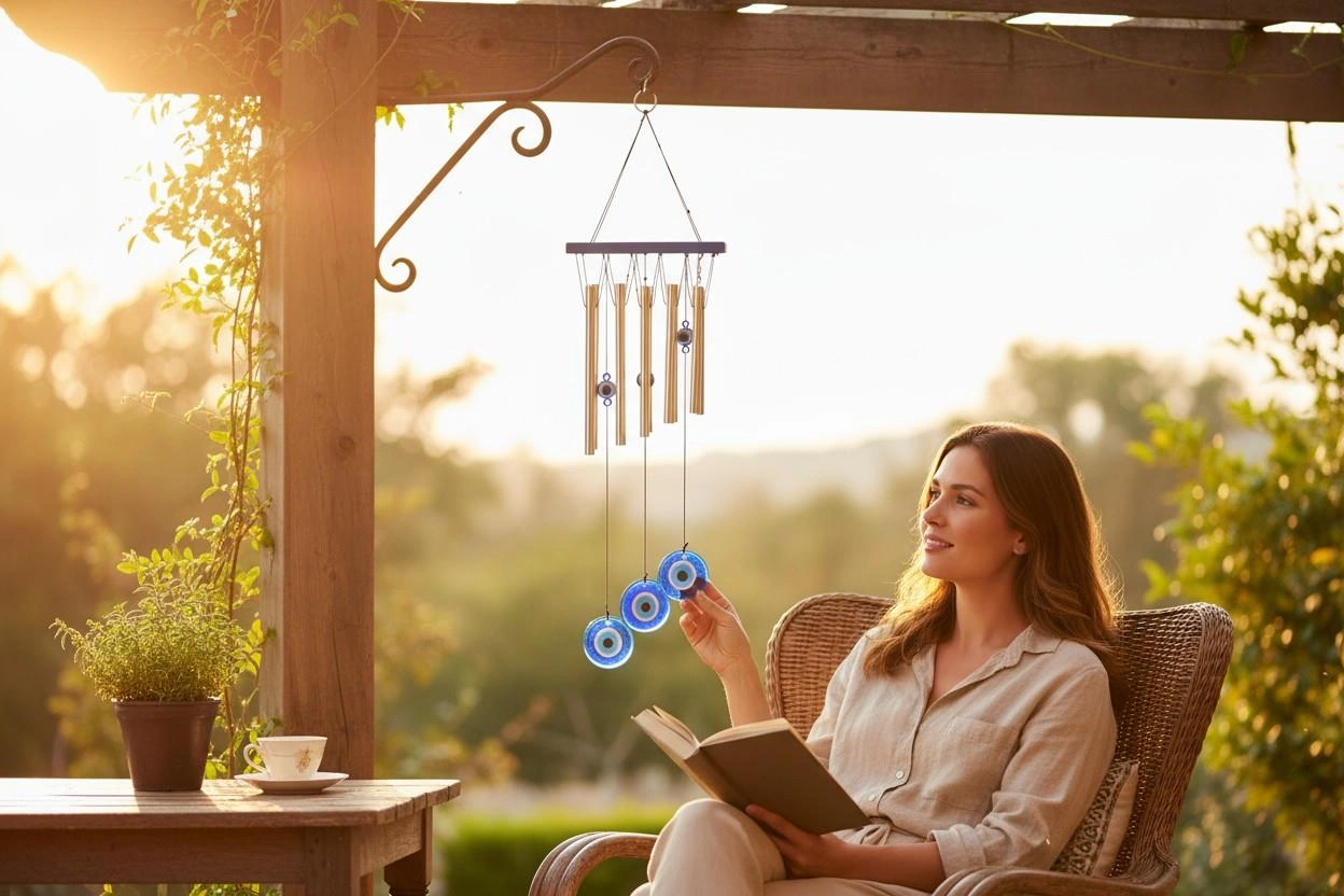Feng Shui Nazar Boncuğu Rüzgar Çanı Metal Kötü Göze Karşı Dış Mekan Dekoratif Bahçe Kapı Süsü 52 Cm. 60 Cm