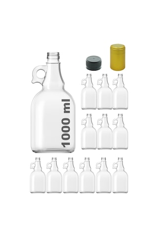 Afracam Galon Şeffaf 1000 ML Kilitli Kapak ve Kapüşonlu Cam Şişe 12 Adet