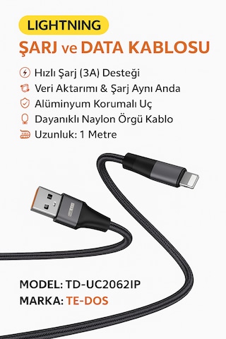 Apple Uyumlu iPhone 1 Metre Lightning Hızlı Şarj Ve Veri Aktarım Kablosu 3a Güçlü Akım Naylon Örgü Dayanıklı Tasarım