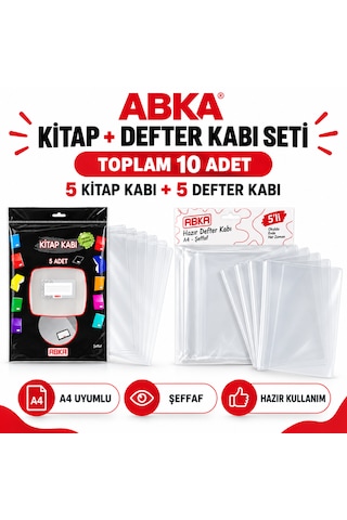 Abka A4 Şeffaf Hazır Kitap Ve Defter Kabı Seti 10'lu - 5 Kitap + 5 Defter Kabı